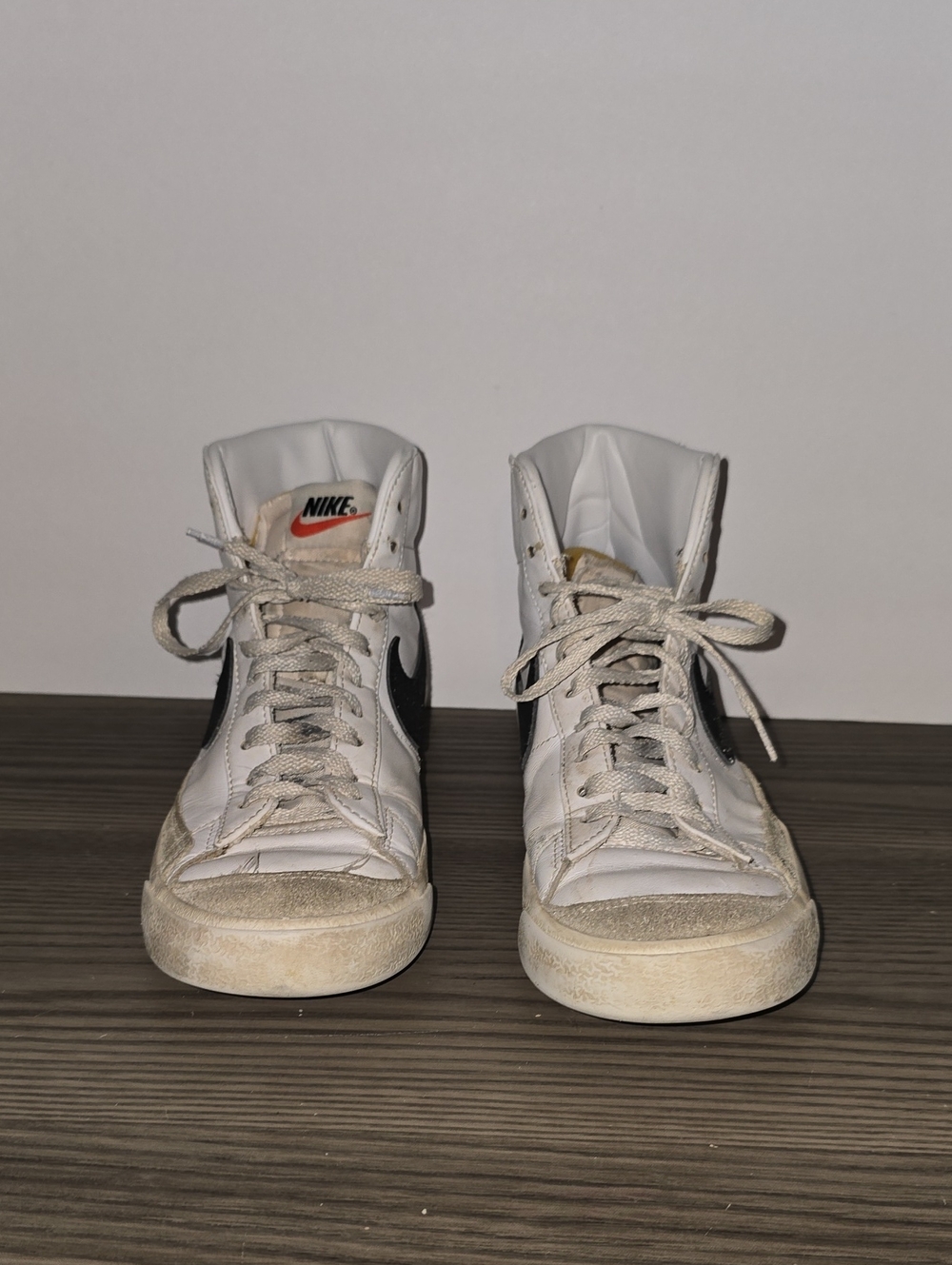 Nike White High-Top Sneakers with Black Swoosh and Red Logo #124